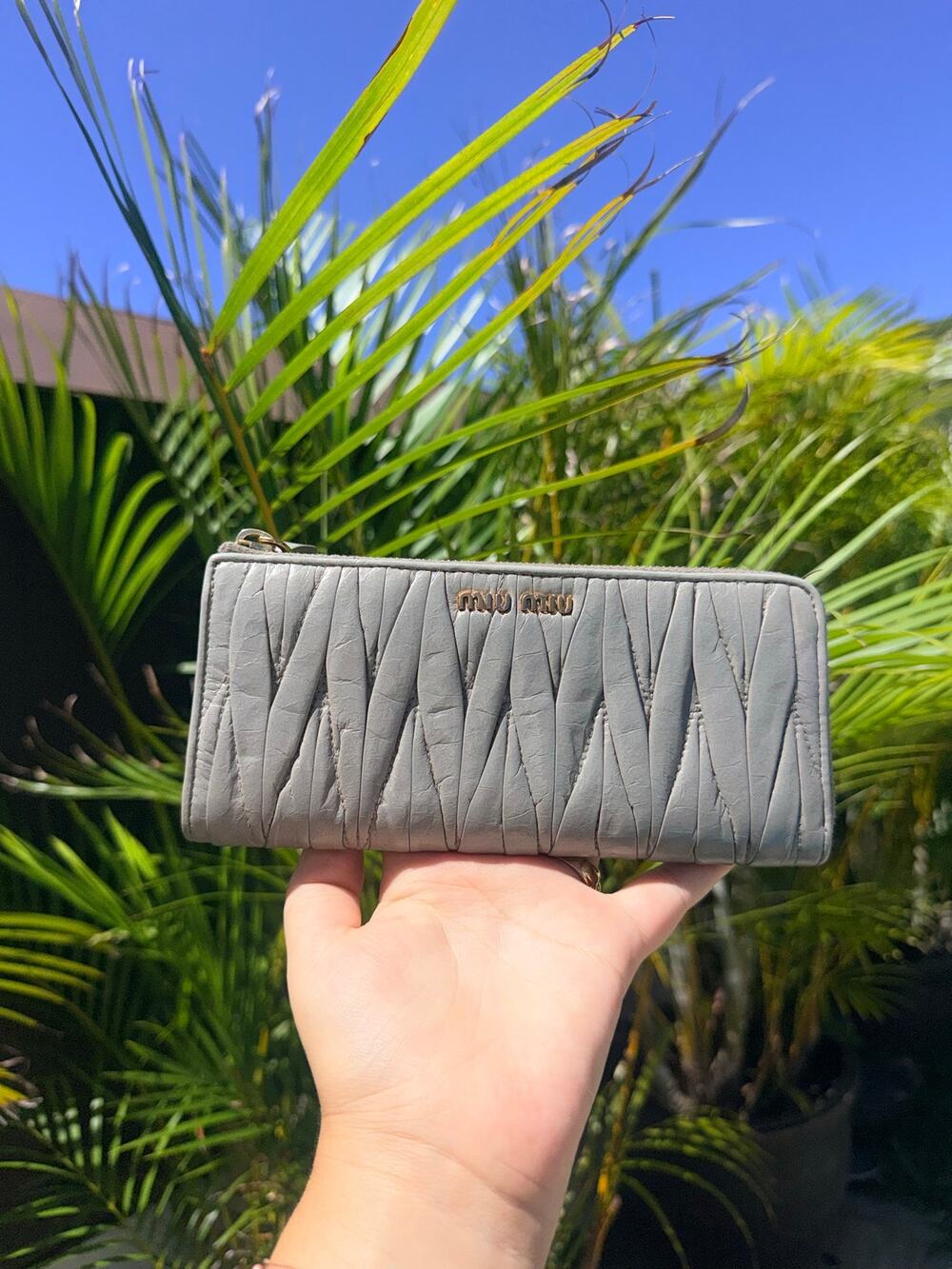 Miu Miu Matelasse Leather Gray L Zip Around Wallet w/ COA